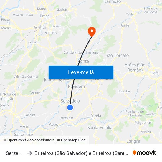 Serzedelo to Briteiros (São Salvador) e Briteiros (Santa Leocádia) map