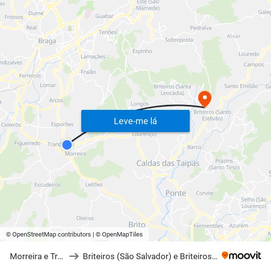 Morreira e Trandeiras to Briteiros (São Salvador) e Briteiros (Santa Leocádia) map