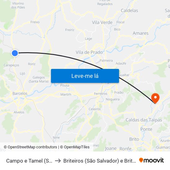 Campo e Tamel (São Pedro Fins) to Briteiros (São Salvador) e Briteiros (Santa Leocádia) map