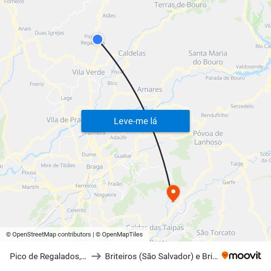 Pico de Regalados, Gondiães e Mós to Briteiros (São Salvador) e Briteiros (Santa Leocádia) map