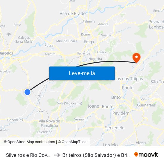 Silveiros e Rio Covo (Santa Eulália) to Briteiros (São Salvador) e Briteiros (Santa Leocádia) map
