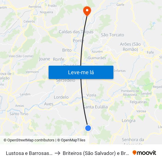 Lustosa e Barrosas (Santo Estêvão) to Briteiros (São Salvador) e Briteiros (Santa Leocádia) map