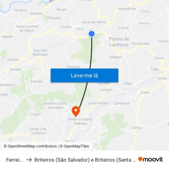 Ferreiros to Briteiros (São Salvador) e Briteiros (Santa Leocádia) map