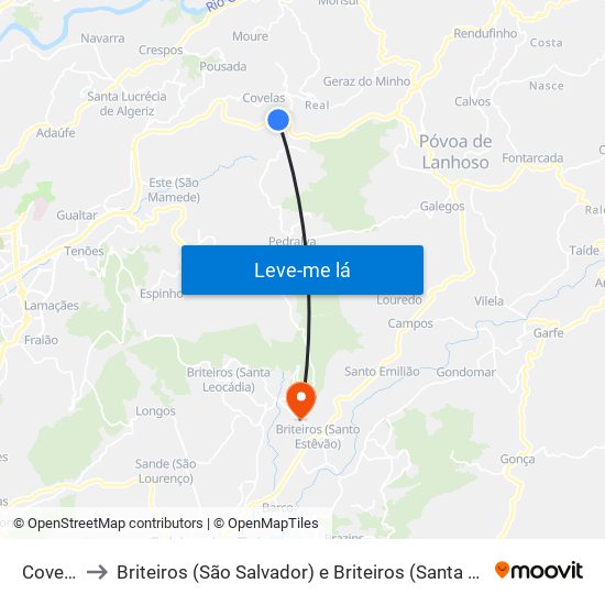 Covelas to Briteiros (São Salvador) e Briteiros (Santa Leocádia) map