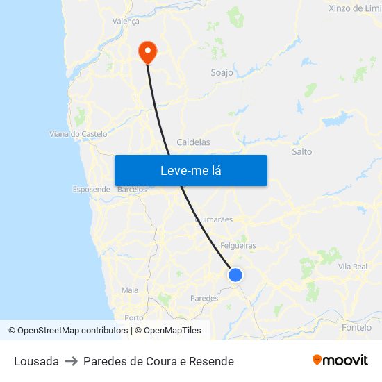 Lousada to Paredes de Coura e Resende map