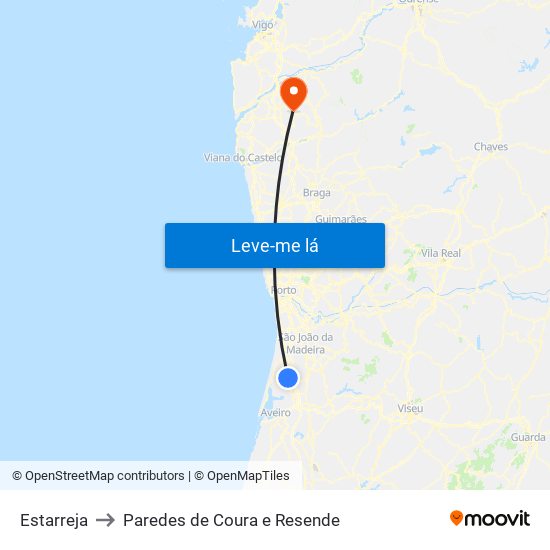 Estarreja to Paredes de Coura e Resende map