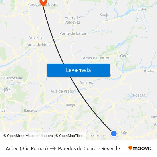 Arões (São Romão) to Paredes de Coura e Resende map