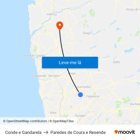 Conde e Gandarela to Paredes de Coura e Resende map