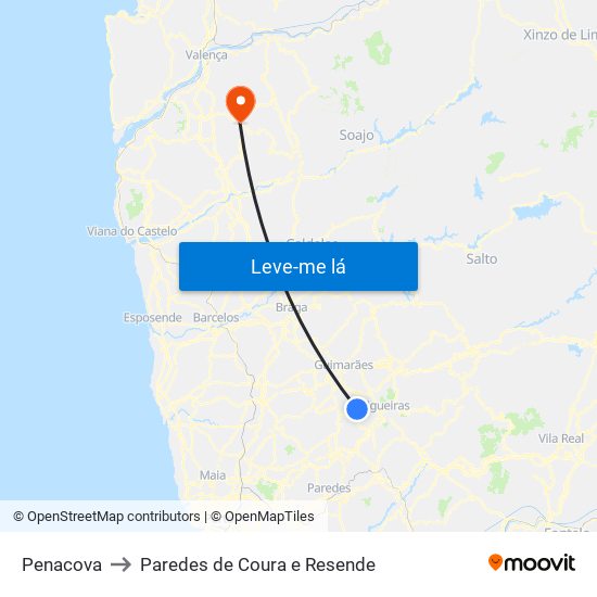 Penacova to Paredes de Coura e Resende map