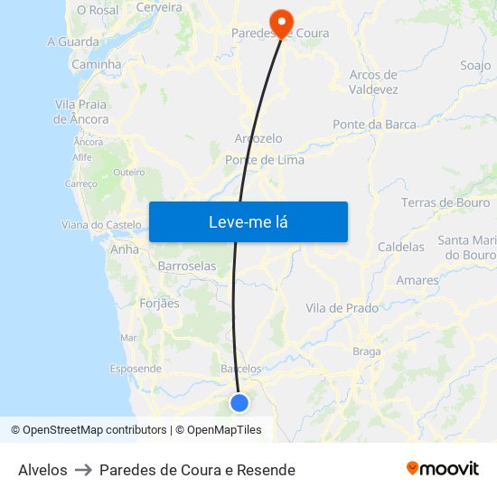 Alvelos to Paredes de Coura e Resende map