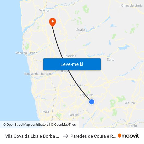 Vila Cova da Lixa e Borba de Godim to Paredes de Coura e Resende map