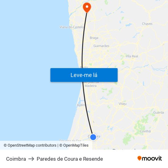 Coimbra to Paredes de Coura e Resende map