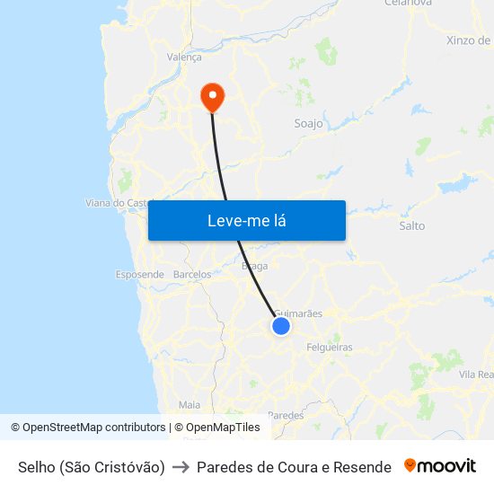 Selho (São Cristóvão) to Paredes de Coura e Resende map