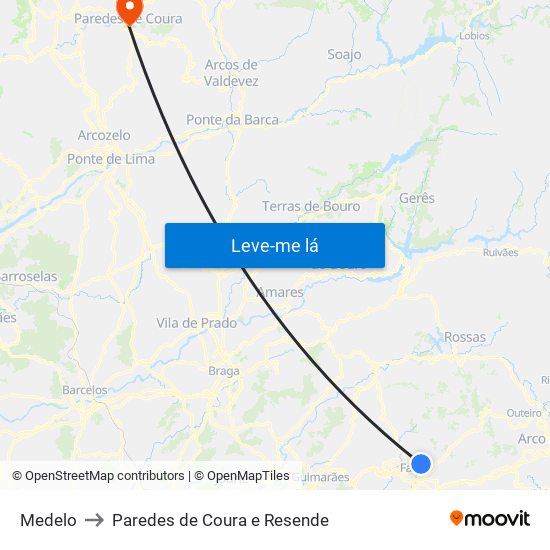 Medelo to Paredes de Coura e Resende map