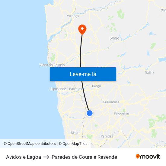 Avidos e Lagoa to Paredes de Coura e Resende map