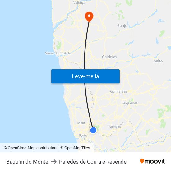 Baguim do Monte to Paredes de Coura e Resende map