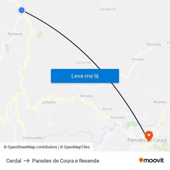 Cerdal to Paredes de Coura e Resende map