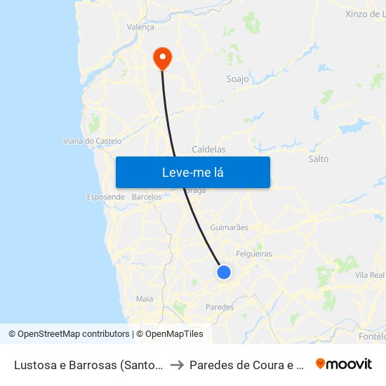Lustosa e Barrosas (Santo Estêvão) to Paredes de Coura e Resende map