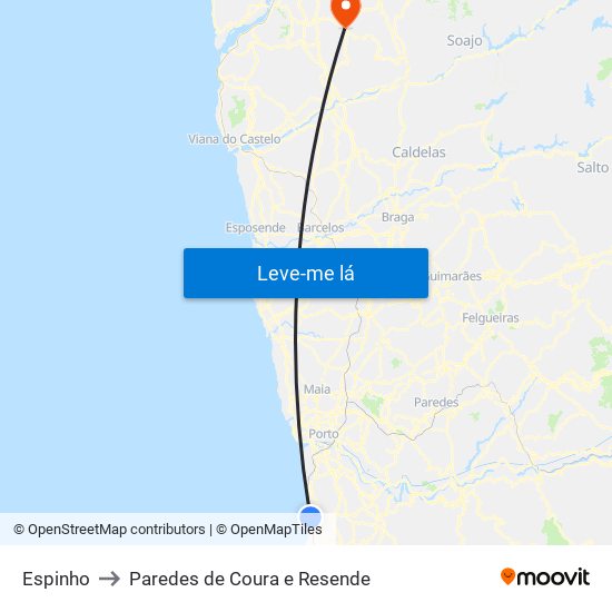 Espinho to Paredes de Coura e Resende map