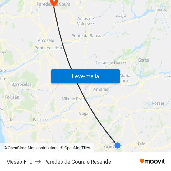 Mesão Frio to Paredes de Coura e Resende map