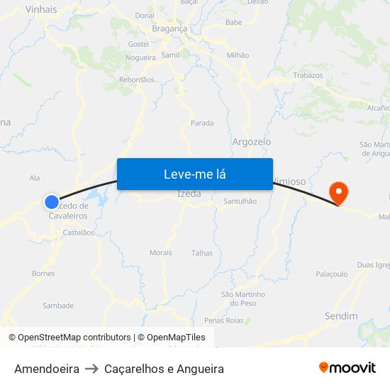 Amendoeira to Caçarelhos e Angueira map