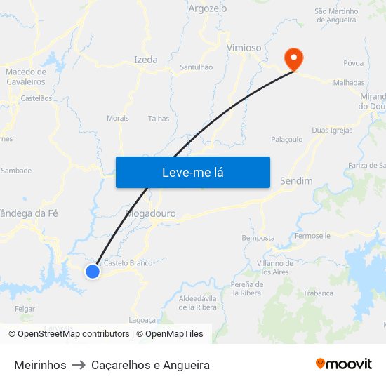 Meirinhos to Caçarelhos e Angueira map