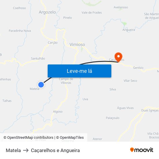 Matela to Caçarelhos e Angueira map