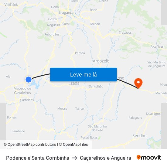Podence e Santa Combinha to Caçarelhos e Angueira map