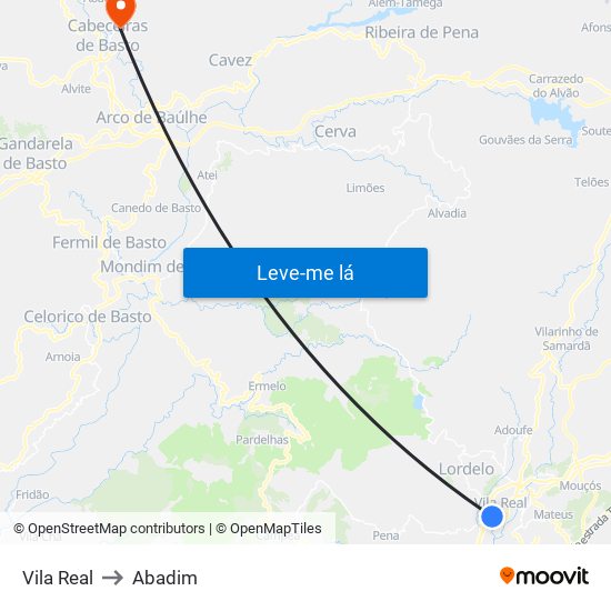 Vila Real to Abadim map