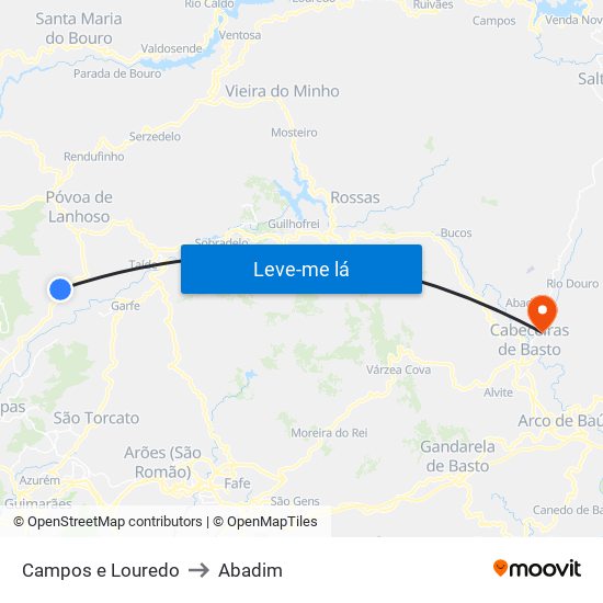Campos e Louredo to Abadim map