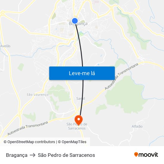 Bragança to São Pedro de Sarracenos map