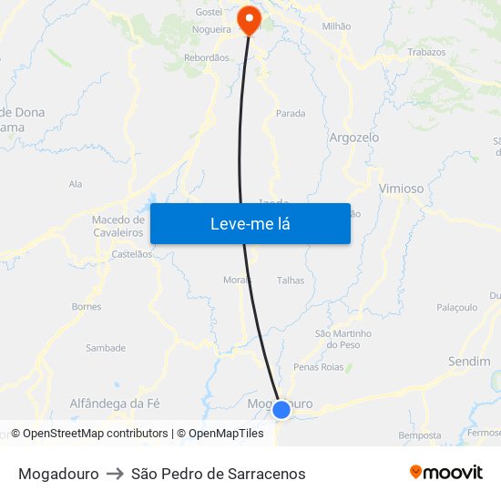 Mogadouro to São Pedro de Sarracenos map