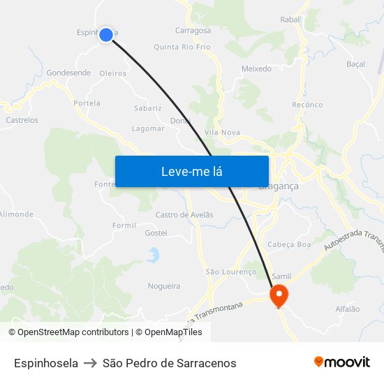 Espinhosela to São Pedro de Sarracenos map