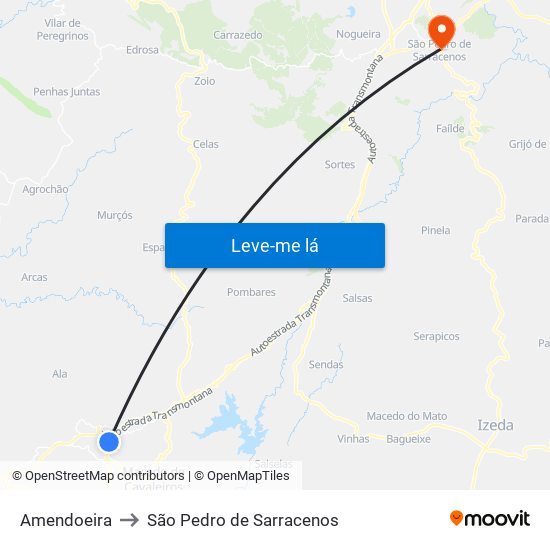 Amendoeira to São Pedro de Sarracenos map