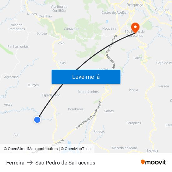Ferreira to São Pedro de Sarracenos map