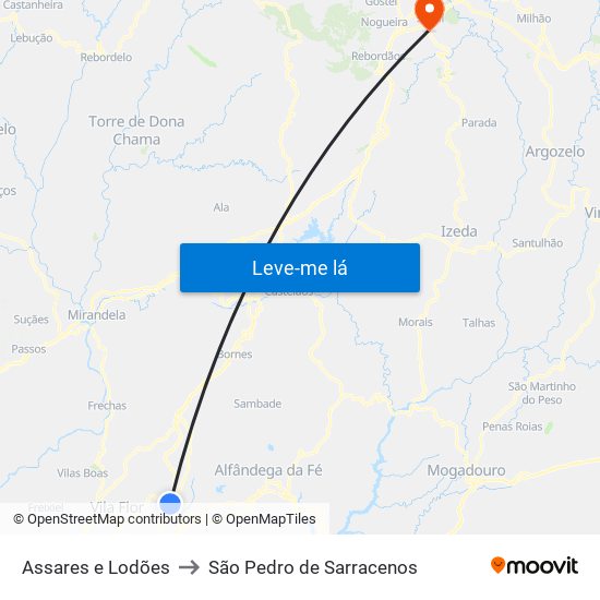 Assares e Lodões to São Pedro de Sarracenos map