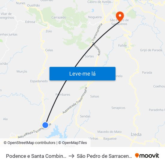 Podence e Santa Combinha to São Pedro de Sarracenos map