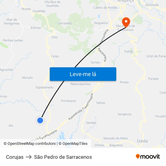 Corujas to São Pedro de Sarracenos map