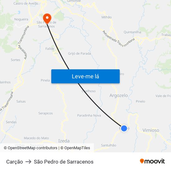 Carção to São Pedro de Sarracenos map