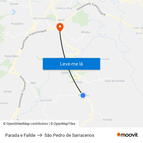 Parada e Faílde to São Pedro de Sarracenos map