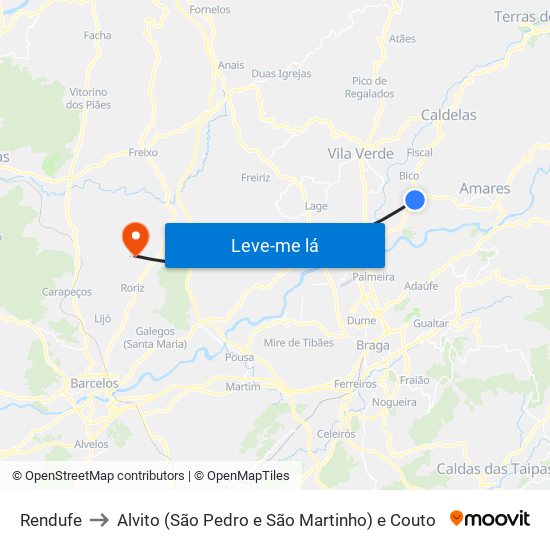 Rendufe to Alvito (São Pedro e São Martinho) e Couto map