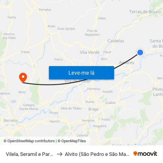 Vilela, Seramil e Paredes Secas to Alvito (São Pedro e São Martinho) e Couto map