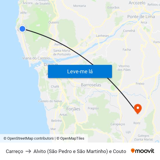 Carreço to Alvito (São Pedro e São Martinho) e Couto map