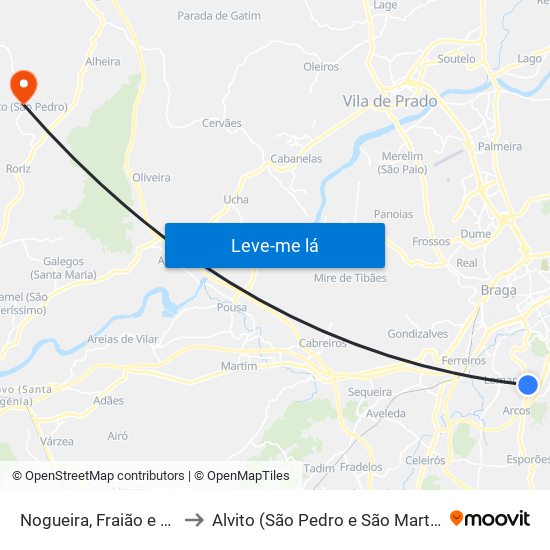 Nogueira, Fraião e Lamaçães to Alvito (São Pedro e São Martinho) e Couto map