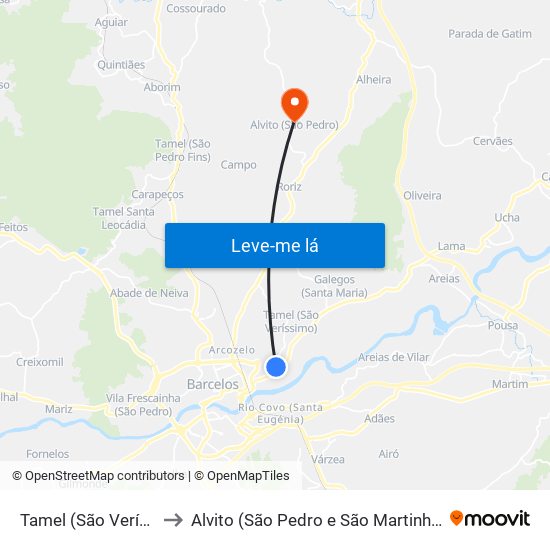 Tamel (São Veríssimo) to Alvito (São Pedro e São Martinho) e Couto map