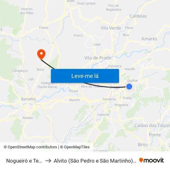 Nogueiró e Tenões to Alvito (São Pedro e São Martinho) e Couto map