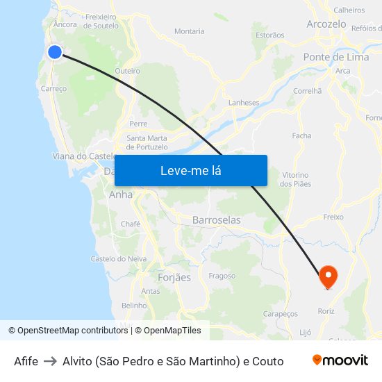 Afife to Alvito (São Pedro e São Martinho) e Couto map