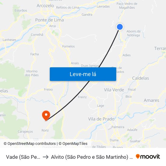 Vade (São Pedro) to Alvito (São Pedro e São Martinho) e Couto map