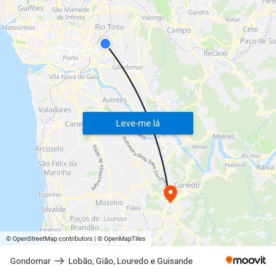 Gondomar to Lobão, Gião, Louredo e Guisande map