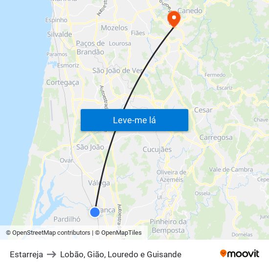 Estarreja to Lobão, Gião, Louredo e Guisande map